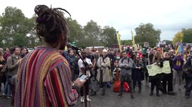 Climate activists undertake demonstration march from Marble Arch to Wellington Arch in London, UK