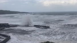 Storm Babet brings big waves at Stonehaven Harbour, Aberdeenshire. October 2023.