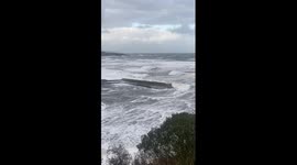 Storm Babet brings big waves at Stonehaven Harbour, Aberdeenshire. October 2023.