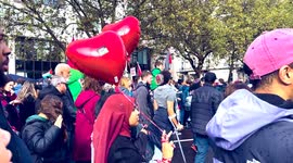 London Palestine March 21st October 2023 Palestinian ladies walk with Red heart shaped balloons