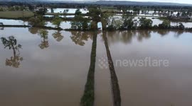 Flooded fields in Powys in Wales, UK after Storm Babet