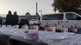 Empty Shabbat tables set for hostages held by Hamas.  Demo for the hostages from Israel kidnapped by the Hamas. Paris, France. 22 oct 2023