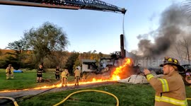 2nd alarm Fire spreading across the ground at structure fire with collapse, West Cameron Township, Northumberland County, Pennsylvania