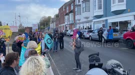 Protesters gather as asylum seekers brought back to Bibby Stockholm barge at Portland Port, UK