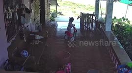 Kid riding toy car falls from stairs without parents being aware