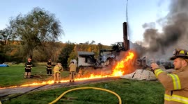 2nd alarm Fire spreading across the ground at structure fire with collapse, West Cameron Township, Northumberland County, Pennsylvania