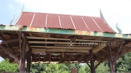 Villagers worship giant termite hill in the middle of wooden pavilion