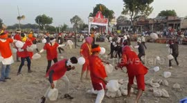 Daranagar locals celebrate Hindu festival of Dussehra with 'armies' pelting each other with plastic balls