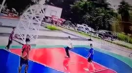 Basketball hoop collapses twice narrowly missing players