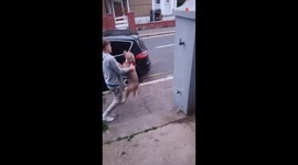 Man overwhelmed upon receiving a paw-recious welcome home after two days