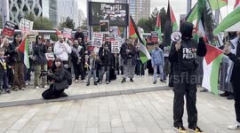 Thousands of protesters march outside Media City in Salford, UK over the BBC's Gaza coverage