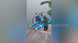 Boat made from a bicycle does not go to plan