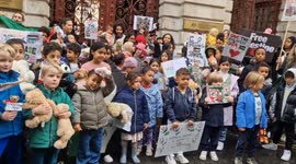 Parents for Palestine place soft toys outside the FCDO in solidarity with the children of Gaza