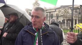 Speaks address gathered crowds at pro-Palestine protest in Belfast, UK