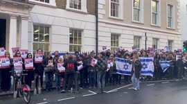 Protest outside the embassy of Qatar in London, UK calling for the Release of Israeli hostages