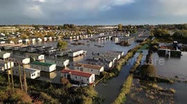 Drone shots of flooded caravan park in Bognor Regis, UK