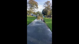 Daughter Gives Dad a Hard Time at Puddle