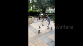 Elderly Chinese man stuns with double-whip skill, spinning 8 tops simultaneously