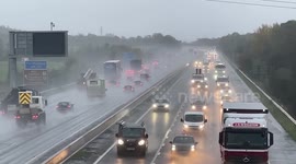 Spray and winds pound the M5 motorway network in Somerset as Storm Ciaran hits the UK
