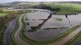 Drone footage of flooded area surrounding River Cuckmere following Storm Ciaran