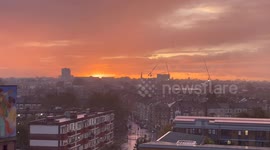 Dramatic sunset seen in London amid intense rain and clouds of Storm Ciaran