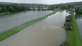 Storm Ciaran: Drone shows extent of flooding in Alfriston, East Sussex, after Cuckmere river bursts its banks