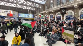 Pro Palestinian protesters take over charring cross station after protest in Trafalgar Square