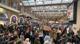 Pro Palestinian protesters take over charring cross station after protest in Trafalgar Square
