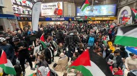 Pro Palestinian protesters take over charring cross station after protest in Trafalgar Square