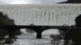 Caban Coch dam at Elan Valley overflows, following heavy rain.