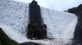Pen Y Garreg dam at Elan Valley overflows, following heavy rain.