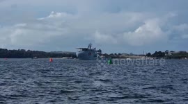 RFA Proteus is a ship of the Royal Fleet Auxiliary within His Majesty's Naval Service of the United Kingdom leaves Plymouth dockyard UK