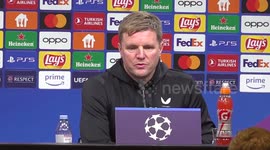 Eddie Howe speaking at his pre-match press conference in Dortmund, Germany