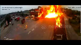 Further Footage: Dramatic moment tanker truck bursts into massive flames in southern China