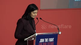 MP Zarah Sultana addresses the Firefighters national rally in London, UK