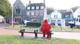 To mark Remembrance Day and Remembrance Sunday, a poppy man made out of knitted poppies and holding a white dove has been placed on a bench near the War Memorial in Chesham town cent