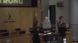 US actors’ union Sag-Aftra press conference in Los Angeles after their long-running strike ended in CA, USA