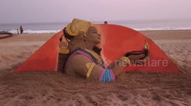 Indian Sand Artist creates sand art of biggest Diya & Lord Ram on Occasion Of Diwali