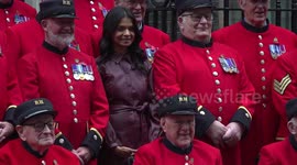 Akshata Murty meets Chelsea Pensioners on Downing Street in London UK