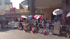 World's media wait outside the Lindo Wing for the arrival of the Duchess of Cambridge