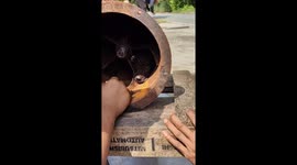 Puppy stuck in rusty metal pipe rescued by kind locals