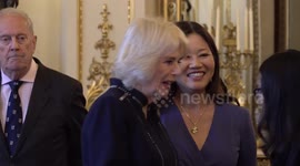 Queen Camilla hosts a reception for winners of The Queen's Commonwealth Essay Competition 2023 in London, UK