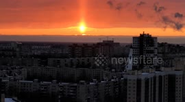 Rare weather event - The sun halo during sunrise in St Petersburg, Russia