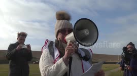 'No To The Migrants' protest against Bibby Stockholm barge in Dorset, UK