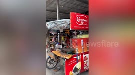 Skin-crawling scene as army of bees take over coffee vendor's cart