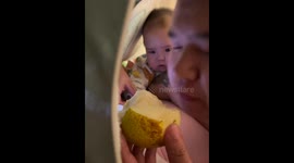 Baby is the picture of envy while watching dad eat pear