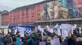 THOUSANDS OF EVERTON FANS MARCH AHEAD OF MANCHESTER UNITED MATCH IN THE ENGLISH PREMIER LEAGUE TO PROTEST CLUB’S 10 POINT DEDUCTION FOR BREACHING FINANCIAL FAIR PLAY RULES.