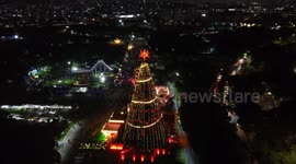 Aerial view of the Coca-Cola Christmas tree inaugurated at Parque Villa Lobos in São Paulo