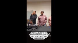 While mom and dad attend their first baby shower together , mom realizes that a few people arrived to the baby shower without any gifts . She immediately grabs the microphone and asks anyone who attended without a gift to leave.