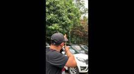 Professional slingshot athlete's singular skills bring mango down in just one attempt